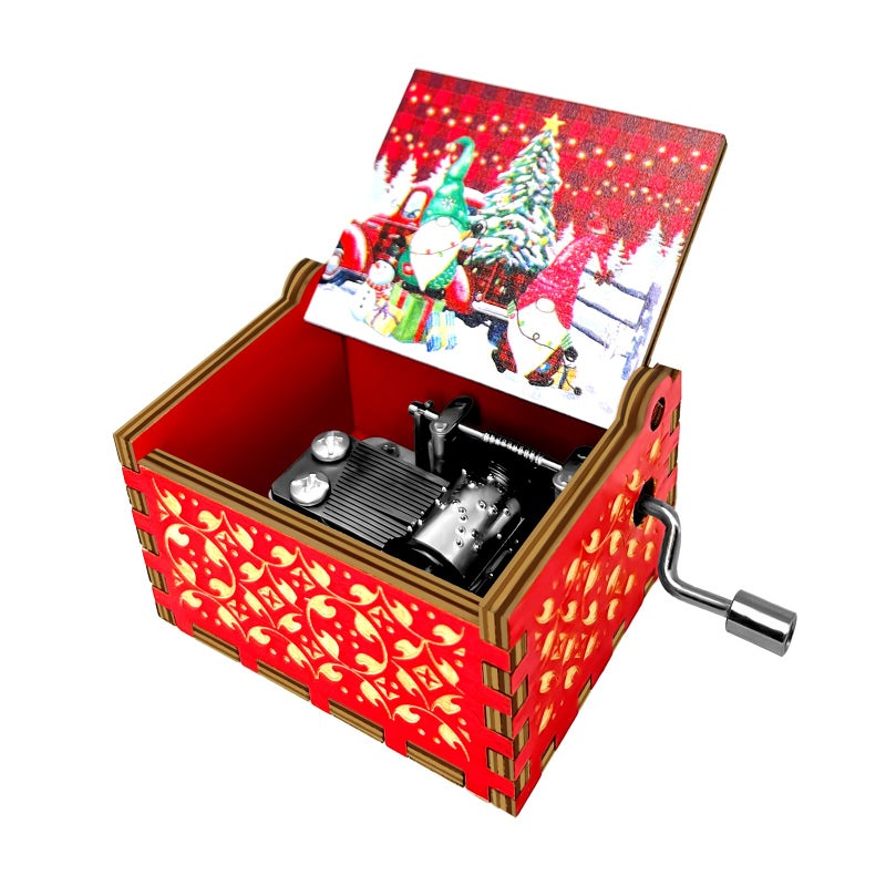 AOCEAN Christmas Music Box Hand Crank Music Box Wooden Carved Music Boxes Decoration Xmas Gift for Kids Red