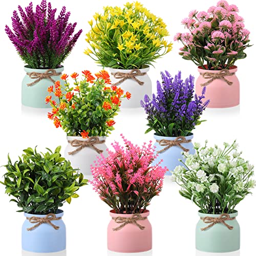 Cindeer 8 Pcs Artificial Potted Flowers Fake Potted Plants Plastic Faux Flowers for Home Decor Indoor Small Artificial Plants in Pots for Wedding Home Desk Tabletop Outdoor Office Kitchen - Image 1