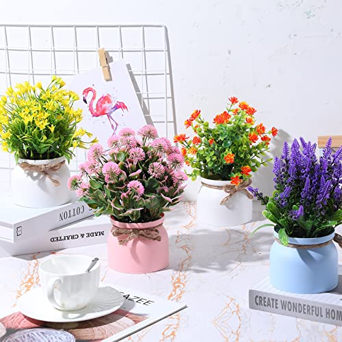 Cindeer 8 Pcs Artificial Potted Flowers Fake Potted Plants Plastic Faux Flowers for Home Decor Indoor Small Artificial Plants in Pots for Wedding Home Desk Tabletop Outdoor Office Kitchen - Image 3