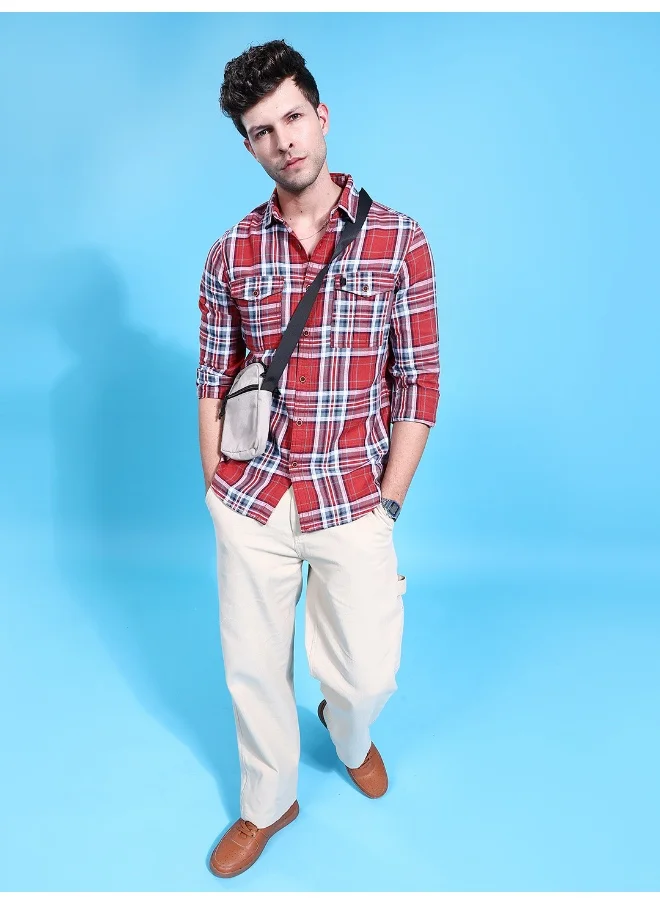 شركة المرآب الهندية Red Regular Fit Casual Checkered Over Shirt