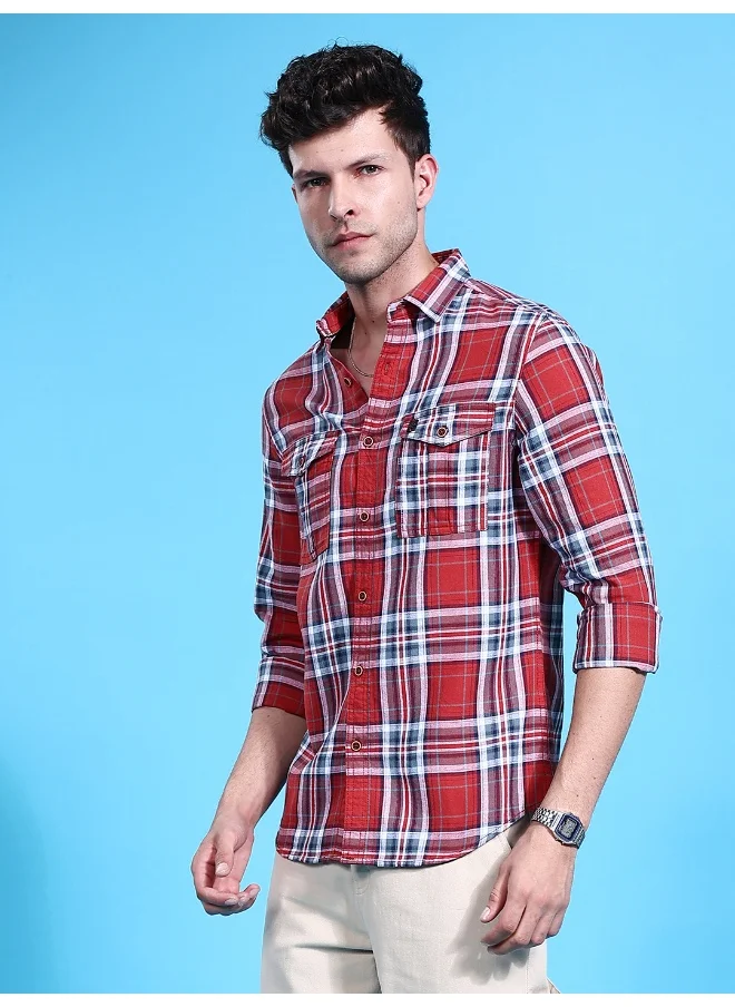 شركة المرآب الهندية Red Regular Fit Casual Checkered Over Shirt