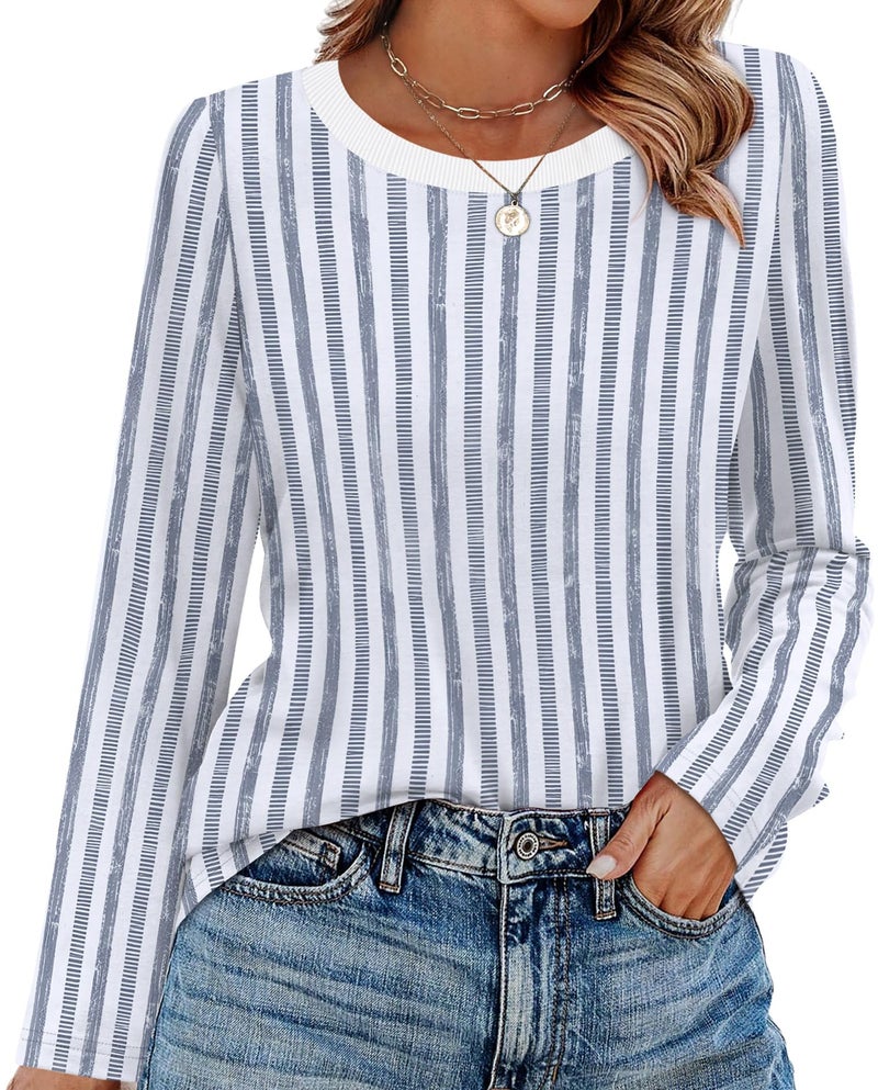 WIHOLL Plus Size Clothes for Women Striped Tops Fall Fashion Basic Crewneck Sweatshirts Trendy Boho Clothes 2025 Blue 2XL - Image 2