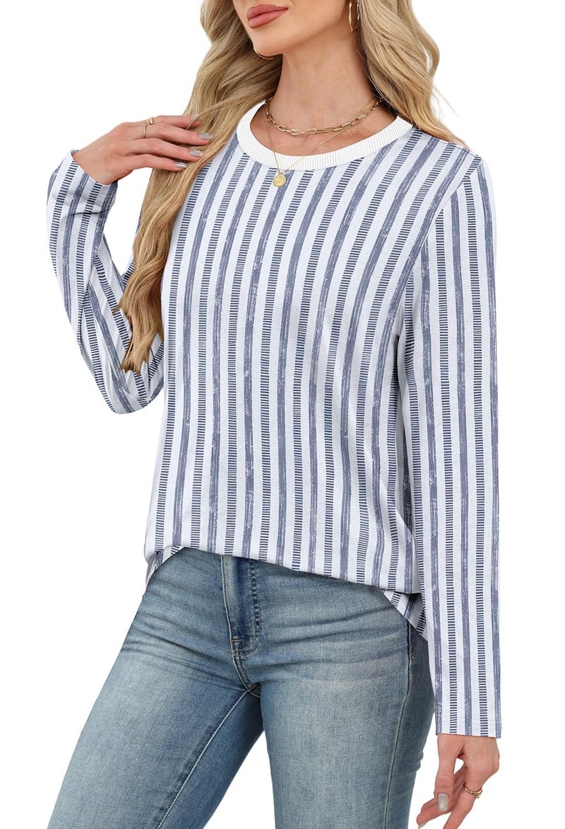WIHOLL Plus Size Clothes for Women Striped Tops Fall Fashion Basic Crewneck Sweatshirts Trendy Boho Clothes 2025 Blue 2XL - Image 4