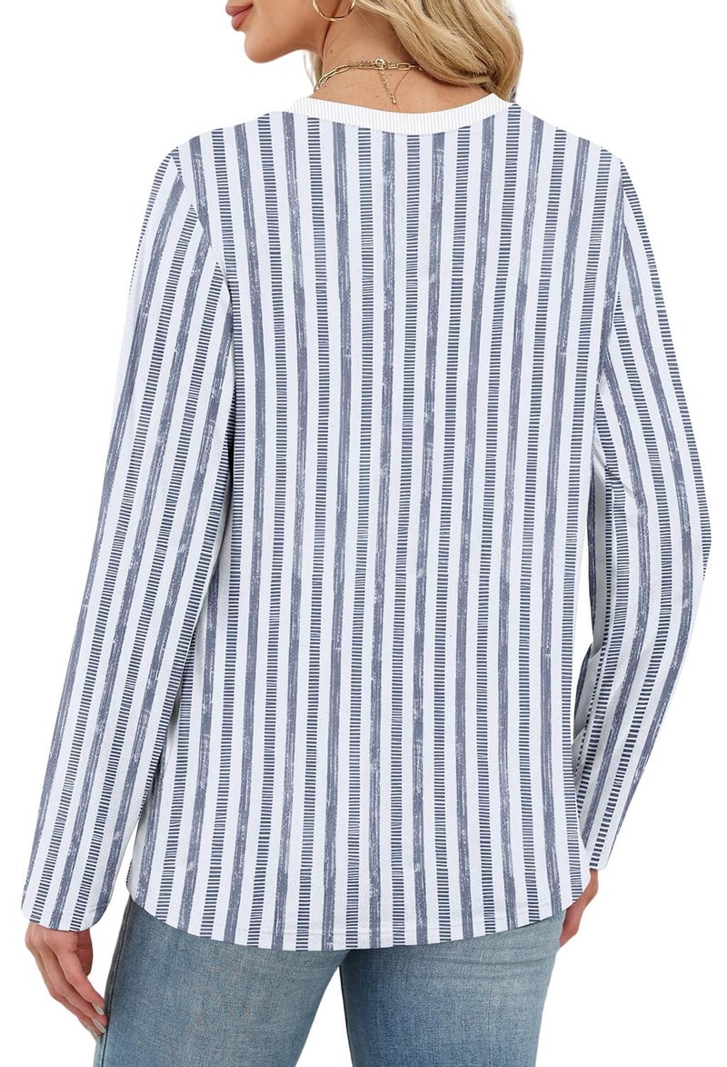 WIHOLL Plus Size Clothes for Women Striped Tops Fall Fashion Basic Crewneck Sweatshirts Trendy Boho Clothes 2025 Blue 2XL - Image 5