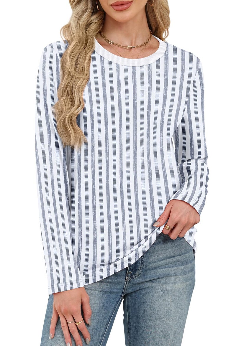 WIHOLL Plus Size Clothes for Women Striped Tops Fall Fashion Basic Crewneck Sweatshirts Trendy Boho Clothes 2025 Blue 2XL - Image 3