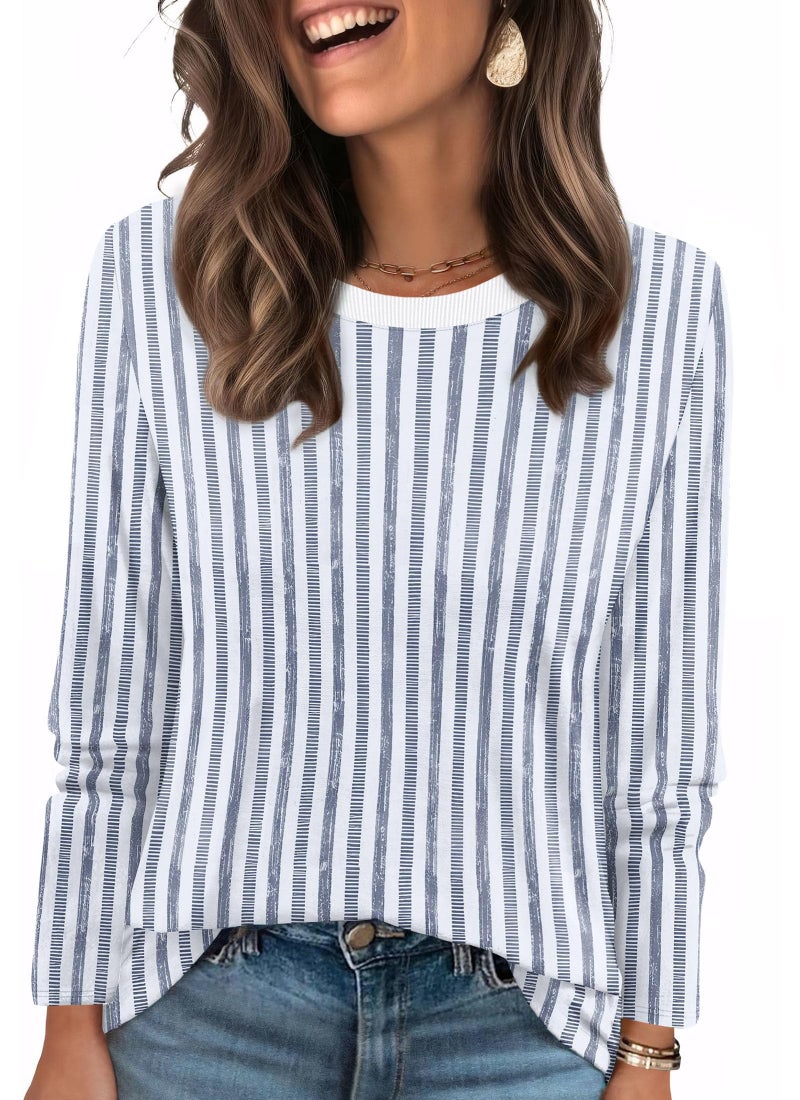 WIHOLL Plus Size Clothes for Women Striped Tops Fall Fashion Basic Crewneck Sweatshirts Trendy Boho Clothes 2025 Blue 2XL - Image 1