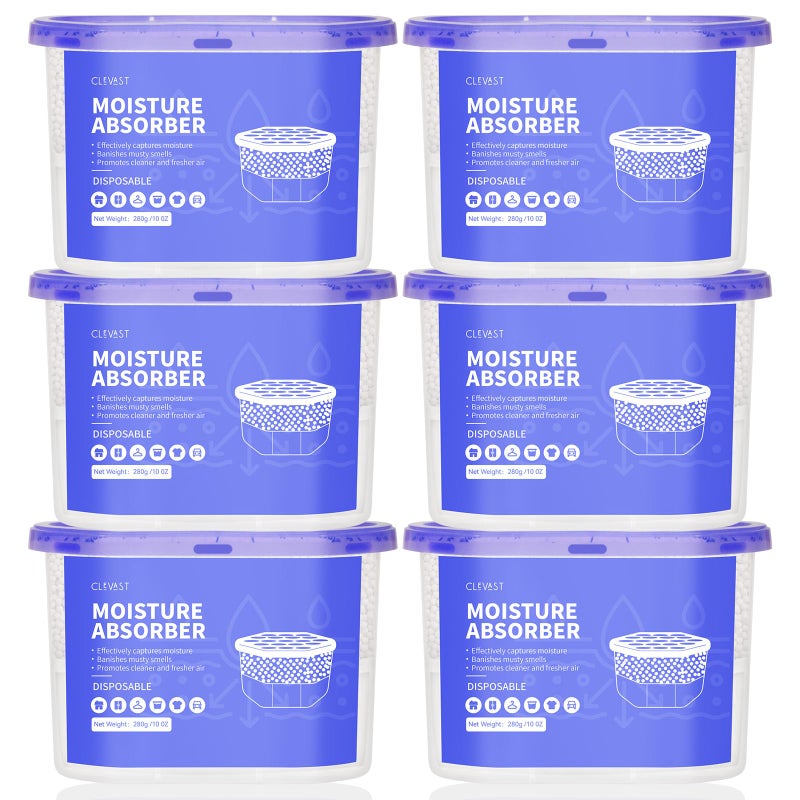 CLEVAST Moisture Absorber Boxes 6 Pack, 10 Oz Dehumidifier for Closet & Bathroom, Humidity Absorber for Wardrobe, Bedroom, RV & Car, Fragrance-Free Moisture Control, Unscented - Image 1