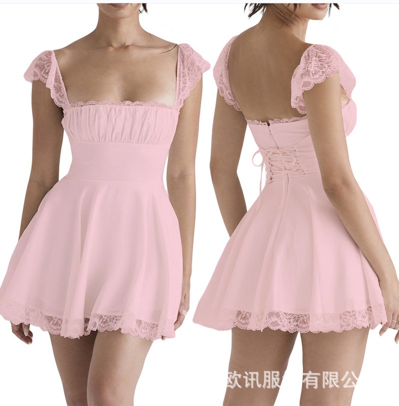 European and American Fashion Women's New Lace Lace Square Collar Slip Skirt Slim-fit Backless White French dress Women - Image 1