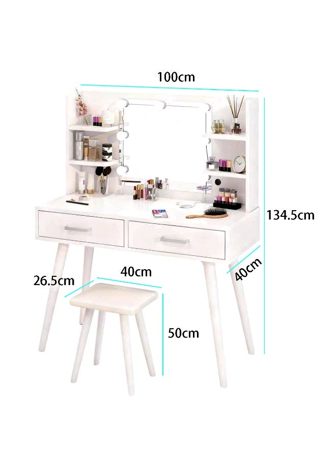 طاولة تزيين مع كرسي مبطن، طاولة تزيين مع رف ومرآة مضيئة، طقم كرسي أبيض مع مرآة وأدراج لغرفة النوم وغرفة الملابس - Image 2