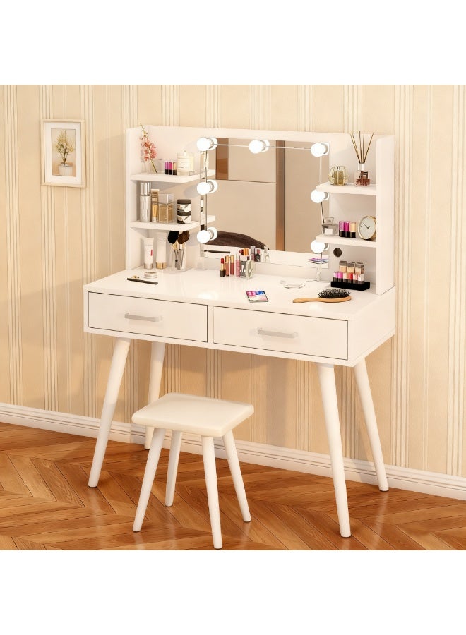 طاولة تزيين مع كرسي مبطن، طاولة تزيين مع رف ومرآة مضيئة، طقم كرسي أبيض مع مرآة وأدراج لغرفة النوم وغرفة الملابس - Image 5
