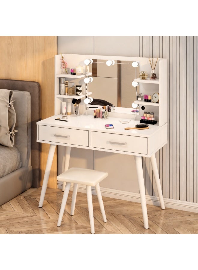 طاولة تزيين مع كرسي مبطن، طاولة تزيين مع رف ومرآة مضيئة، طقم كرسي أبيض مع مرآة وأدراج لغرفة النوم وغرفة الملابس - Image 3