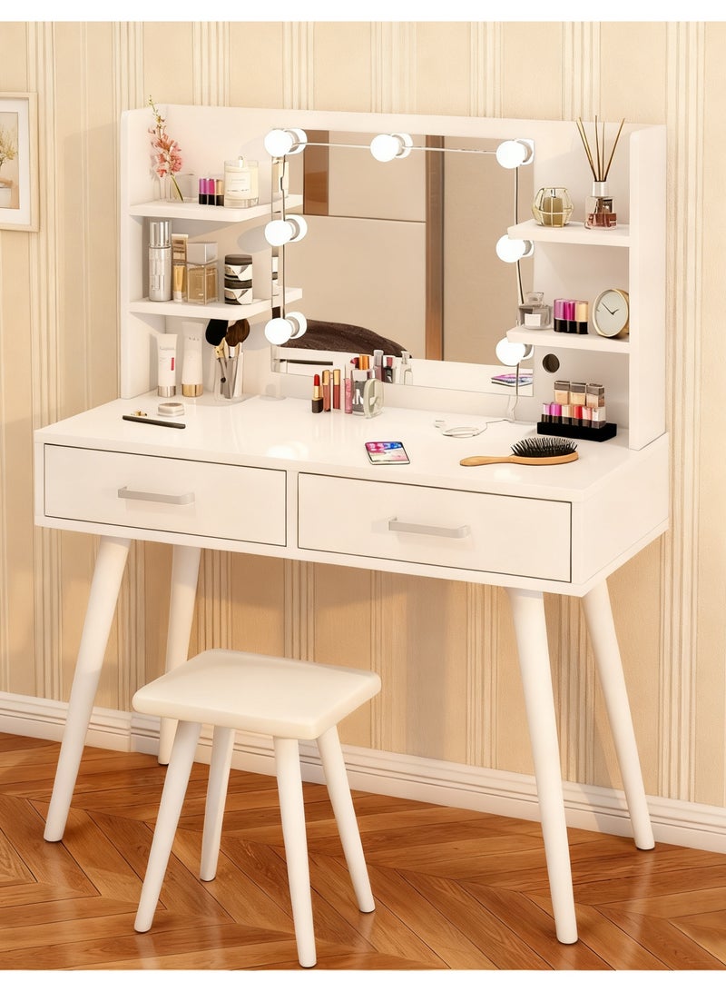طاولة تزيين مع كرسي مبطن، طاولة تزيين مع رف ومرآة مضيئة، طقم كرسي أبيض مع مرآة وأدراج لغرفة النوم وغرفة الملابس - Image 1