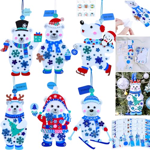 Winlyn 24 Sets Winter Decorations DIY Polar Bear Ornaments Christmas Craft Kits Foam Polar Bear with Snowflake Foam Stickers for Kids Holiday Seasonal Gift Home Classroom Activities Party Favors - Image 1