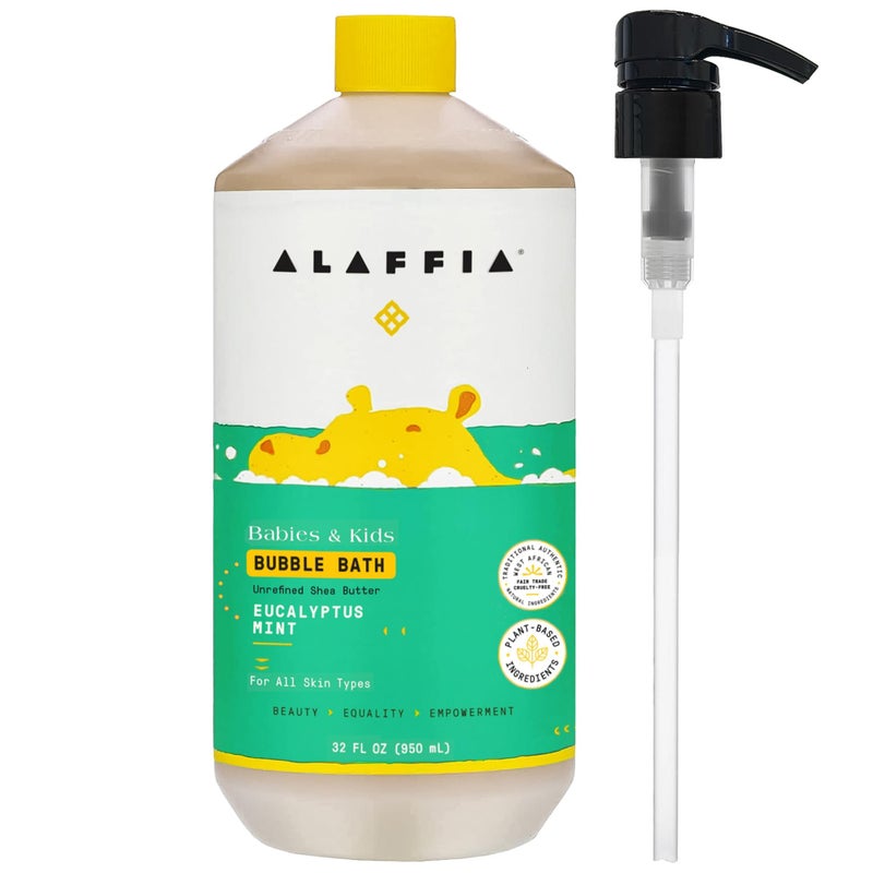 Alaffia Babies Kids Bubble Bath Eucalyptus Mint Pump Included Gentle Cleanser with Raw Shea Butter and Lemon Balm 32 Fl Oz