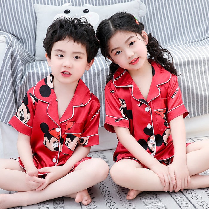 Cute Cartoon Kids Silk Pajama Set Red Mickey 