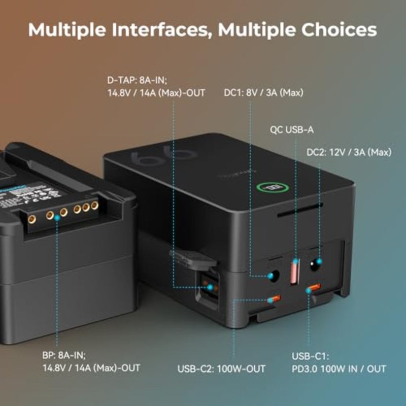 بطارية V Mount لصانعي الأفلام: 99Wh/6800mAh، خرج 100W، شحن كامل 2.5H، شحن سريع PD 3.0، أسود، طاقة عالمية عالية السعة - Image 3
