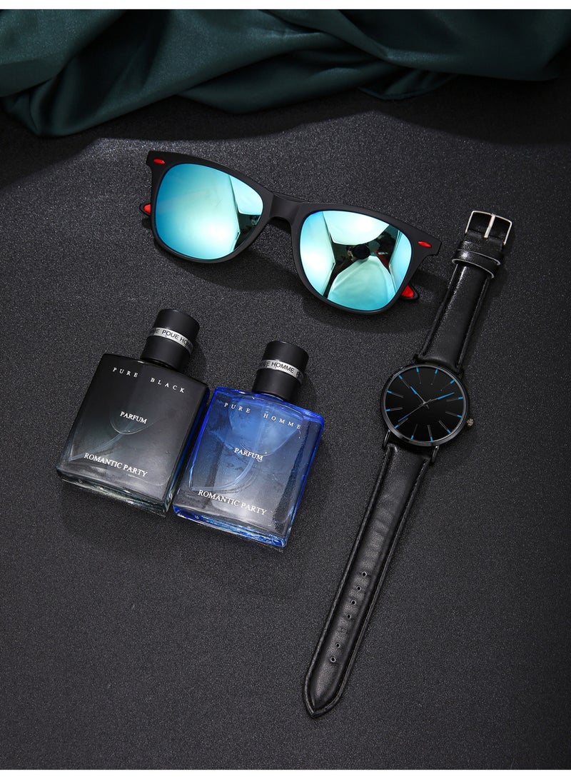 الرجال الخفيفة الفاخرة أزياء ووتش مجموعة الأسود ، مع نوعية النظارات الشمسية والعطور مزدوجة ، تسليط الضوء على سحر الذكور ، هدية مربع التعبئة والتغليف ، هو خيار مثالي لعيد الميلاد - Image 2