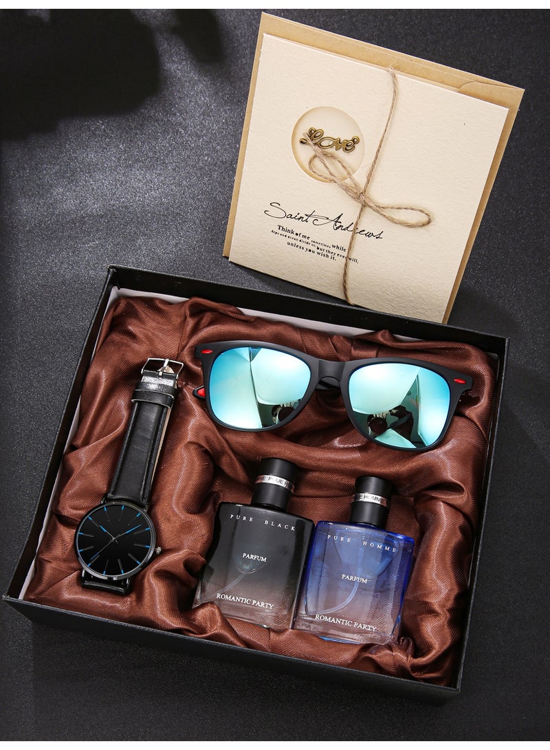 الرجال الخفيفة الفاخرة أزياء ووتش مجموعة الأسود ، مع نوعية النظارات الشمسية والعطور مزدوجة ، تسليط الضوء على سحر الذكور ، هدية مربع التعبئة والتغليف ، هو خيار مثالي لعيد الميلاد - Image 1