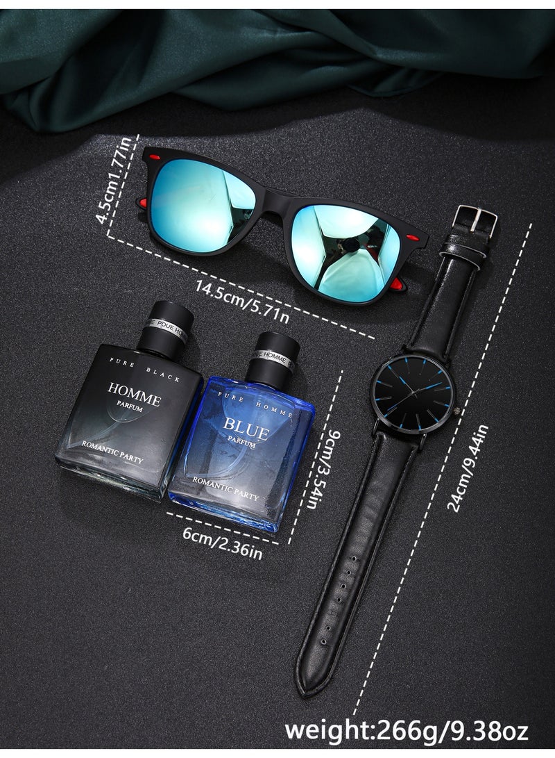 الرجال الخفيفة الفاخرة أزياء ووتش مجموعة الأسود ، مع نوعية النظارات الشمسية والعطور مزدوجة ، تسليط الضوء على سحر الذكور ، هدية مربع التعبئة والتغليف ، هو خيار مثالي لعيد الميلاد - Image 3