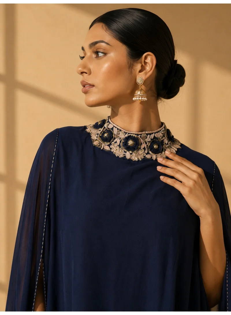Lehar Navy Blue Embroidered Kaftan Cape Kurta Set