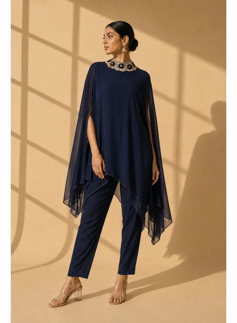Lehar Navy Blue Embroidered Kaftan Cape Kurta Set