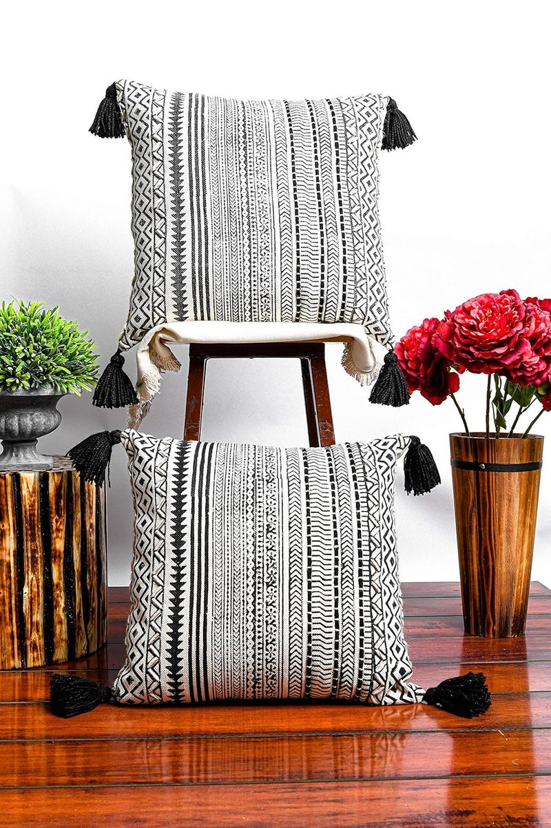 IMPEXART PVT LTD Cotton Handblock Print Soft Geometrical Pattern Square Embroidery Cushion Cover with Tassel 18X18 Inches - Image 5