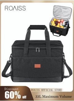 roaiss Outdoor 33L Large Cooler Bag Insulated Handbag Reusable Waterproof Oxford Ice Refrigerated Lightweight Fresh-keeping for Men Women Picnic BBQ Beach Lunch Black  - Image 1