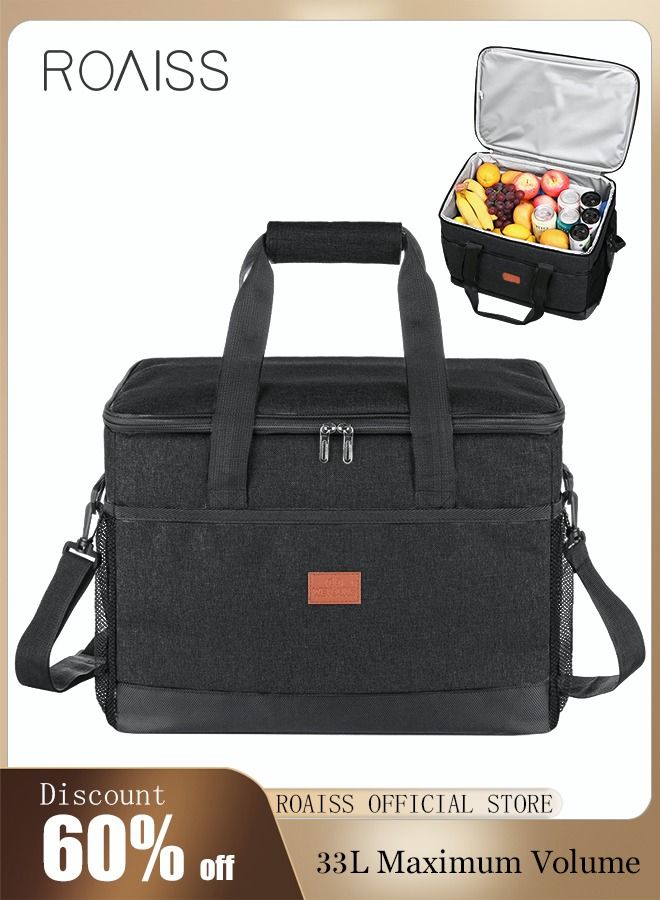 roaiss Outdoor 33L Large Cooler Bag Insulated Handbag Reusable Waterproof Oxford Ice Refrigerated Lightweight Fresh-keeping for Men Women Picnic BBQ Beach Lunch Black  - Image 1