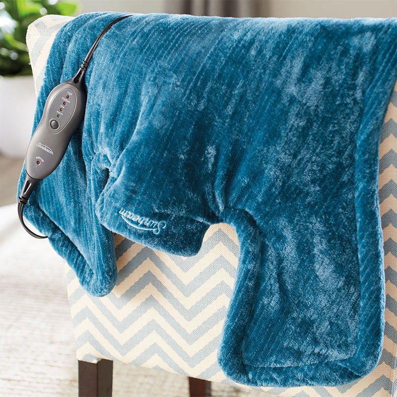 Sunbeam XL Renue Contoured Heating Pad, 25" x 25", For Neck & Shoulder Pain Relief with Auto Shut Off, Moist Heating Option, Machine-Washable, Gifts For Mom & Wife, Lakeshore Blue - Image 4