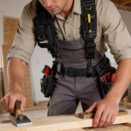 KUNN Tool Belt Suspenders with Leather Reinforced, Heavy-Duty Padded Adjustable Construction Bag Suspenders with Air Channel for Men Carpenter Electrician Work - Image 2