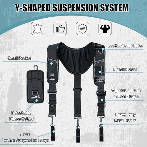 KUNN Tool Belt Suspenders with Leather Reinforced, Heavy-Duty Padded Adjustable Construction Bag Suspenders with Air Channel for Men Carpenter Electrician Work - Image 5