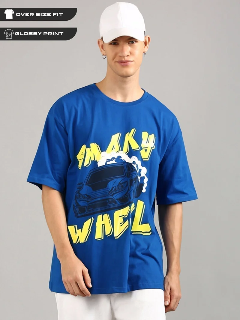Joven Men Royal Blue Printed Pure Cotton Oversized T-Shirt
