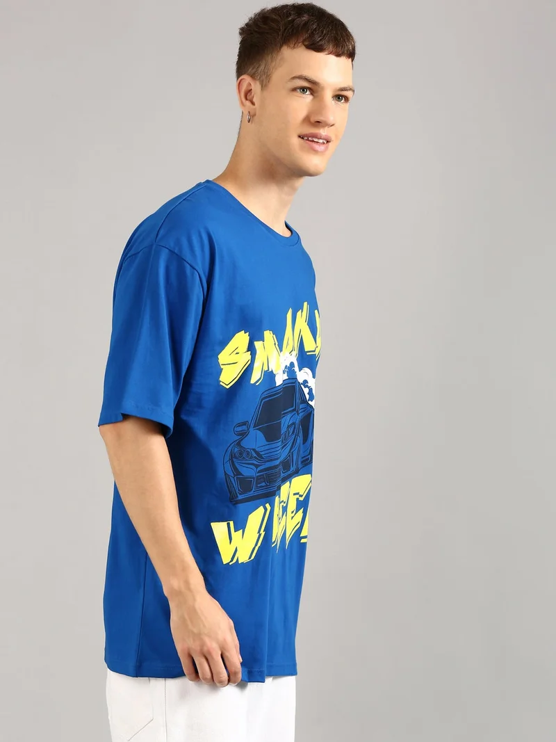 Joven Royal Blue Men Royal Blue Printed Pure Cotton Oversized T-Shirt for Men | Best Price UAE