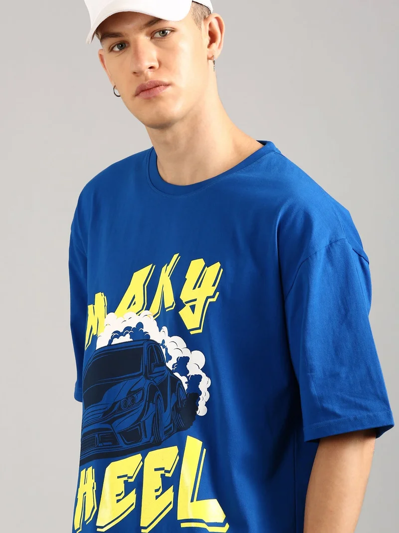 Joven Royal Blue Men Royal Blue Printed Pure Cotton Oversized T-Shirt for Men | Best Price UAE