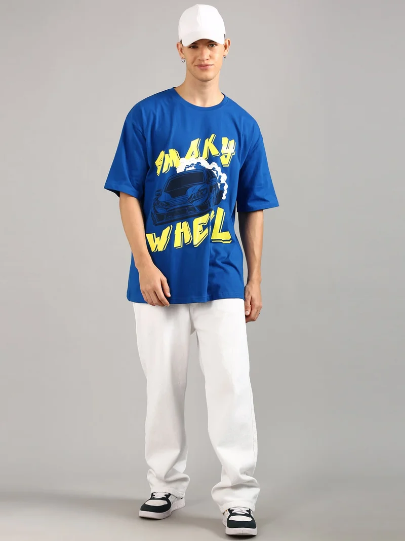 Joven Royal Blue Men Royal Blue Printed Pure Cotton Oversized T-Shirt for Men | Best Price UAE