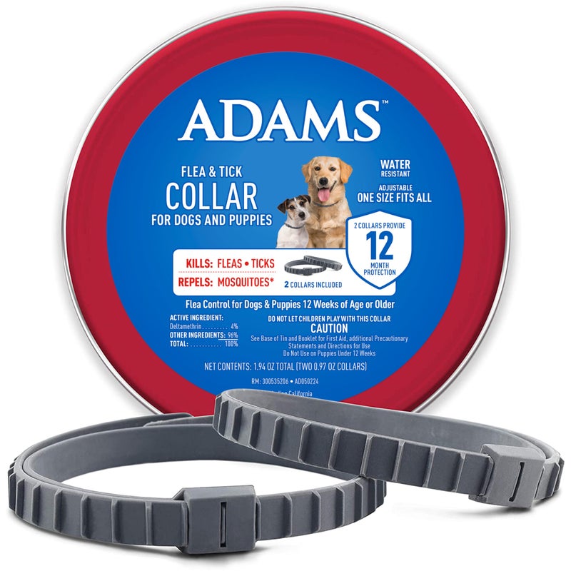 ADAMS Flea & Tick Collar for Dogs & Puppies, 2 Pack, 12 Month Protection, Adjustable One Size, Kills Fleas, Ticks & Repels Mosquitoes, Excluding California - Image 1