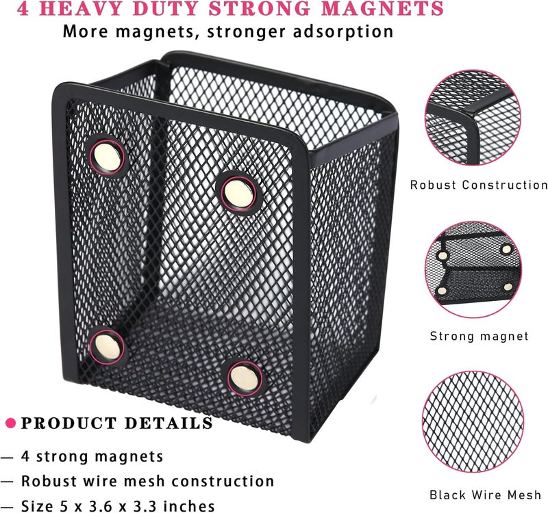Sanpaint Large Magnetic Pen Holder, Magnetic Basket 4 Strong Magnet Pencil Holders Locker Accessories for Refrigerator Whiteboard Black(3.7x2.7x5 In) - Image 2