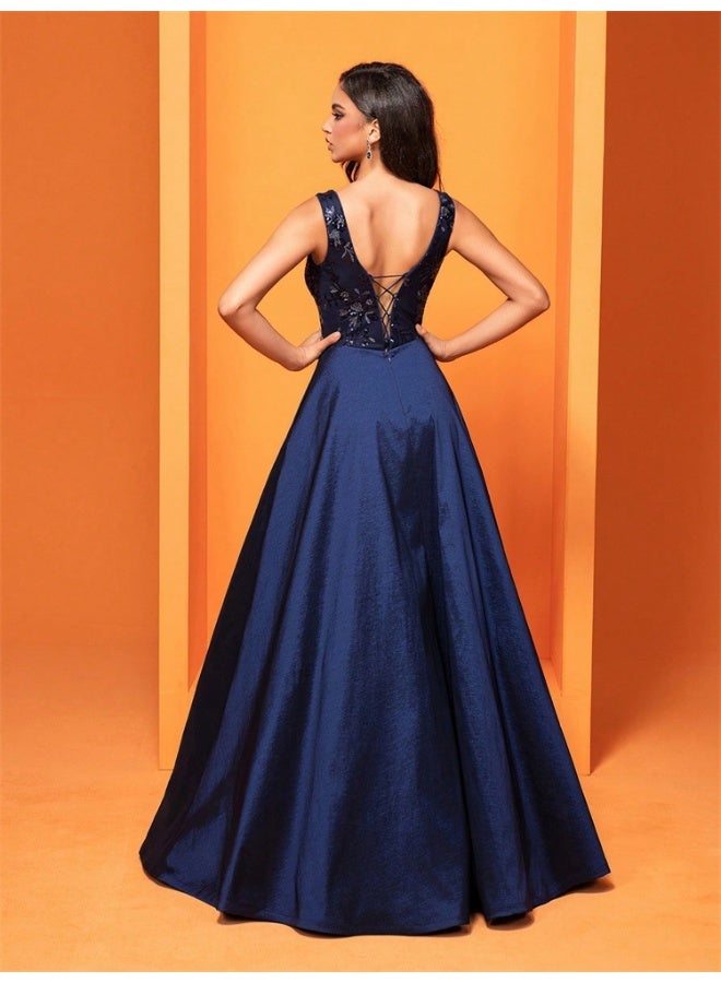 Madam Uniq Elegant Deep Blue Sequin Ball Gown, V - Neck & Sleeveless, Formal Evening Dress  - Image 2