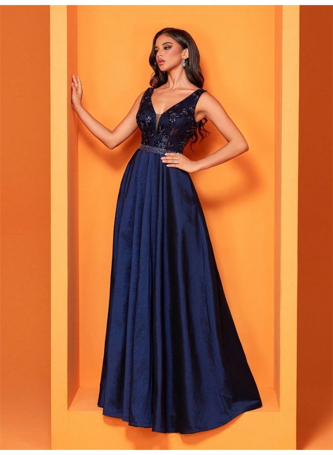 Madam Uniq Elegant Deep Blue Sequin Ball Gown, V - Neck & Sleeveless, Formal Evening Dress  - Image 5