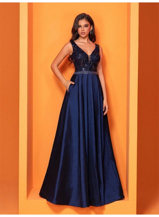 Madam Uniq Elegant Deep Blue Sequin Ball Gown, V - Neck & Sleeveless, Formal Evening Dress  - Image 4