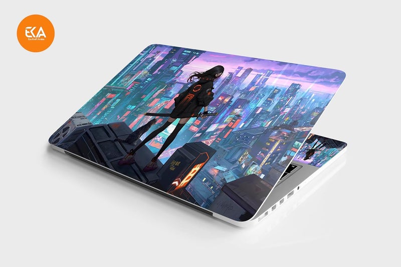 Cyberpunk Anime Girl Cat Sci Fi City Laptop Skin Sticker Decal - Image 2