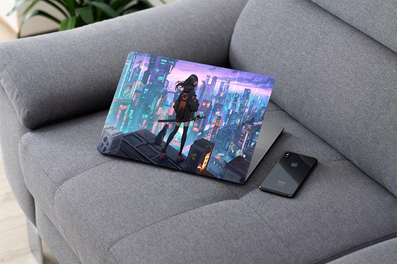 Cyberpunk Anime Girl Cat Sci Fi City Laptop Skin Sticker Decal - Image 4