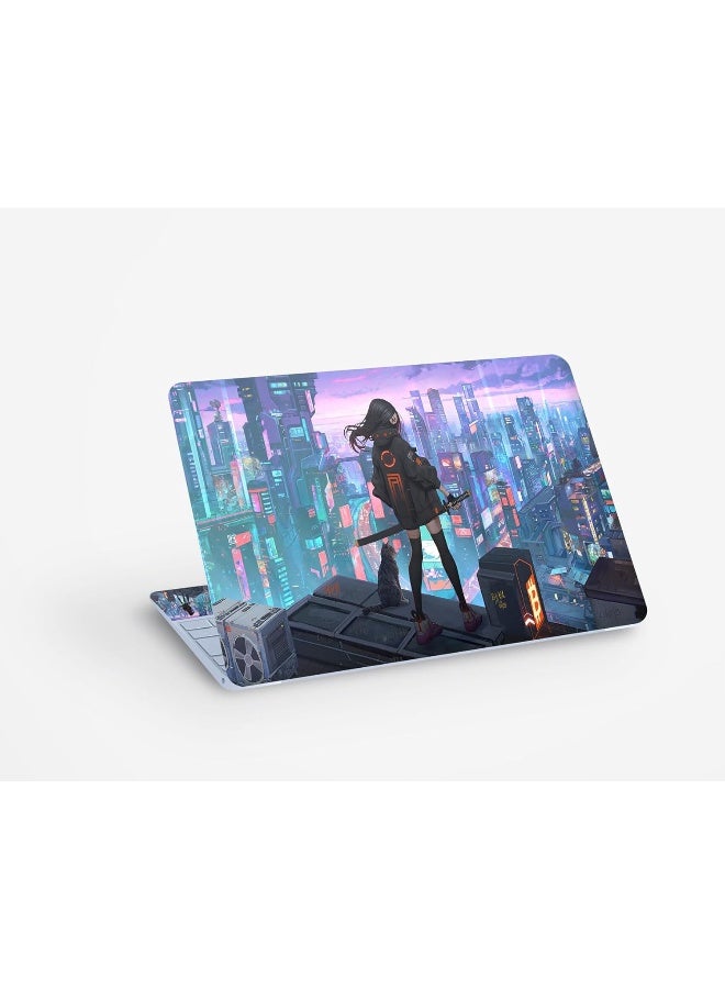 Cyberpunk Anime Girl Cat Sci Fi City Laptop Skin Sticker Decal - Image 1
