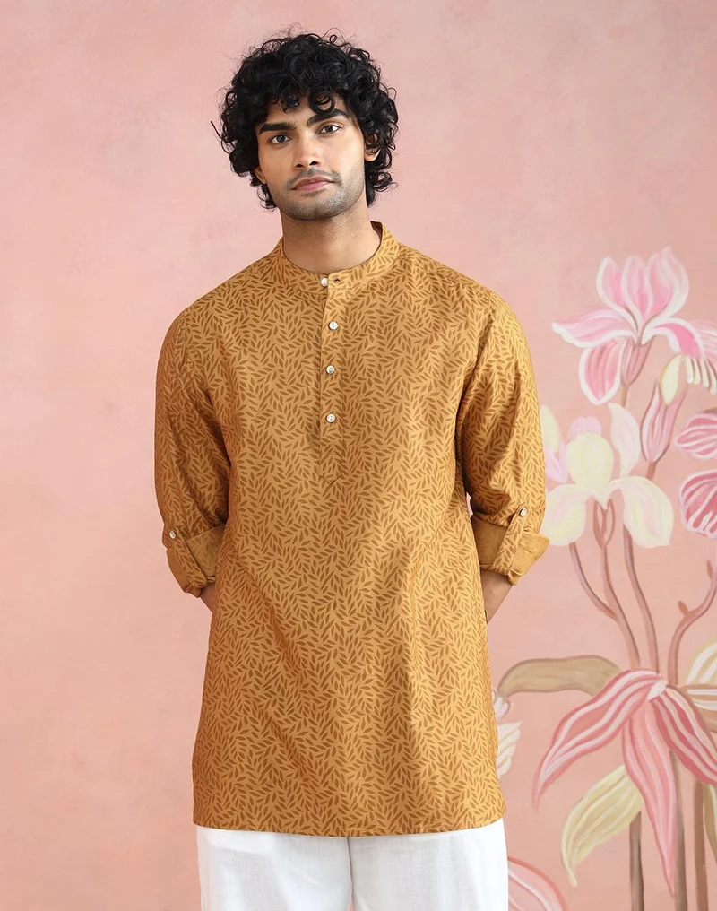 فاب انديا Mustard Viscose Silk Hand Block Printed Slim Fit Short Kurta