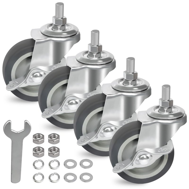 AAGUT 3 Inch Caster Wheels with Locking Brakes Rubber Heavy Duty M10 x 15 Threaded Stem Industrial Castors Replacement for WorkbenchCartsFurnitureDollyTrolleySet of 4