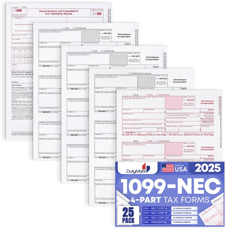 Dutymark 1099 NEC Forms 2025 4 Part Tax Forms Kit of Laser Forms, Compatible with QuickBooks and Accounting, 25 Pack, Software and Envelopes NOT Included, Made in The USA - Image 1