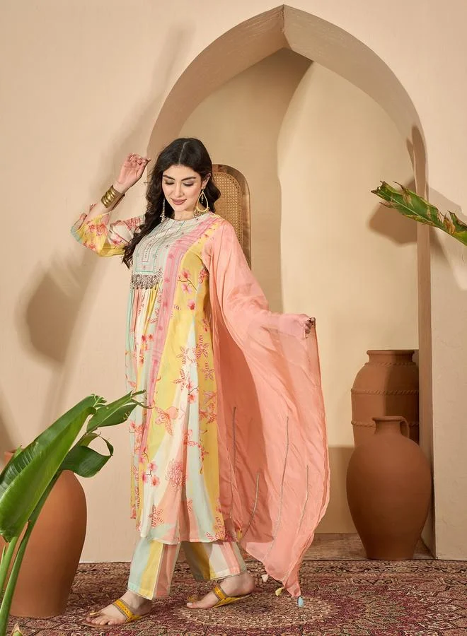 Sanskrutihomes Multi-color Printed Embroidered Flared Kurta and Pants Set