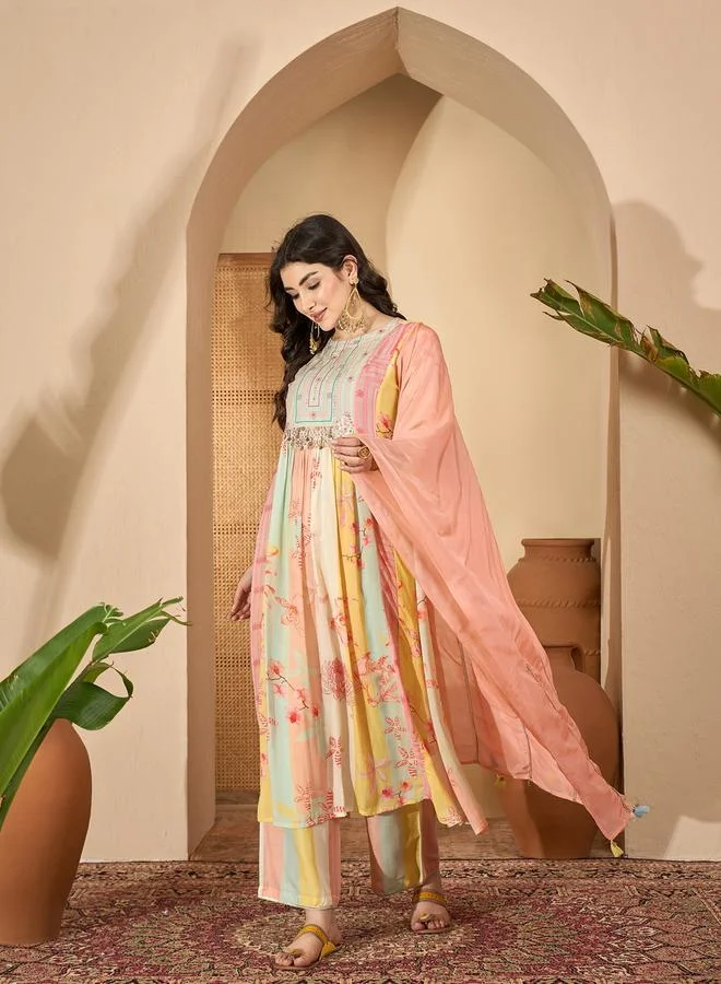 Sanskrutihomes Multi-color Printed Embroidered Flared Kurta and Pants Set