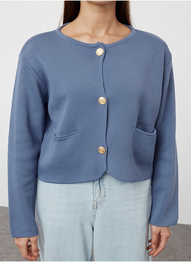 trendyol Blue Crew Neck Knitwear Cardigan TWOAW25HI00066  - Image 4