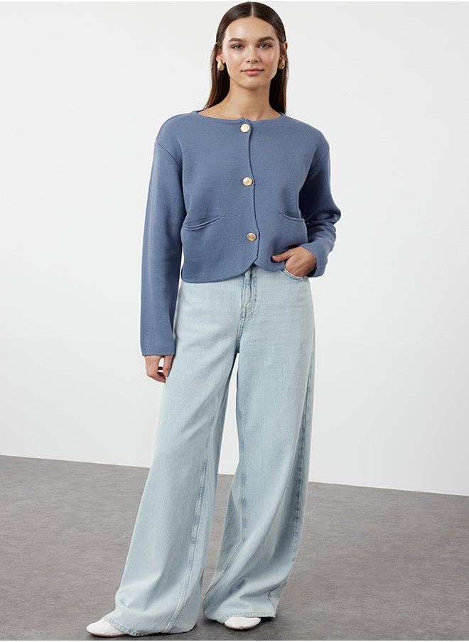 trendyol Blue Crew Neck Knitwear Cardigan TWOAW25HI00066  - Image 2